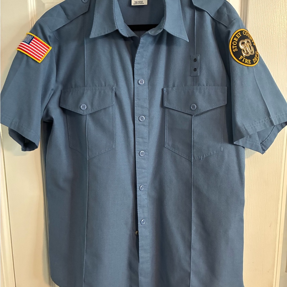Men's vintage fireman  Blue Short Sleeve Shirt